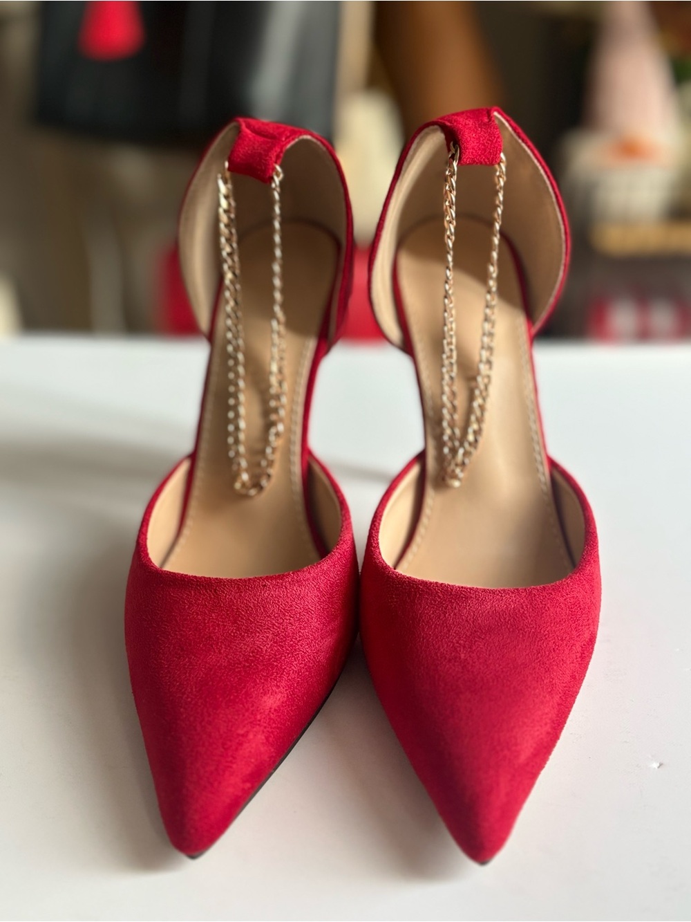 SHEIN Red Pointed-Toe Heels with Gold Chain Ankle Strap